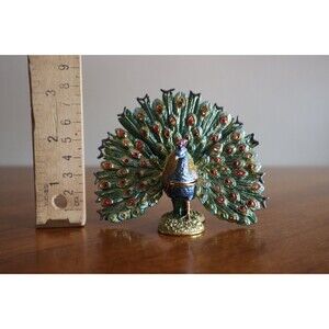 Vintage Rucinni Swarovski Crystal Accented Peacock Hinged Trinket Box SIGNED